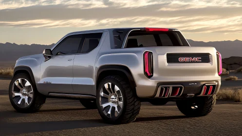 Concept pickup truck rendered in desert environment at dusk