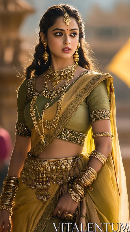 Indian woman in ornate yellow saree with heavy gold jewelry.