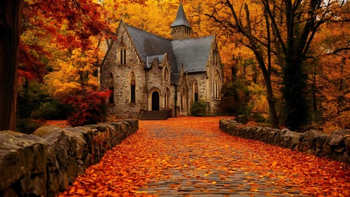 Cozy stone chapel along an inviting autumn leaf pathway.