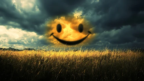 Smiley face cloud above dark sky over backlit grassland.