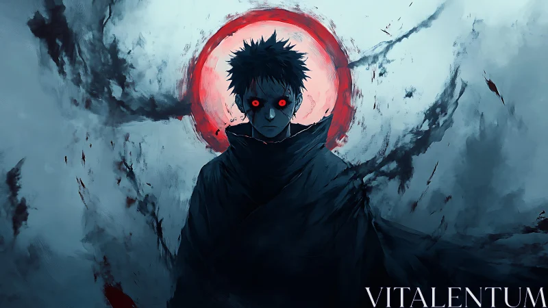 Dark cloaked figure with glowing red eyes before blood-red halo