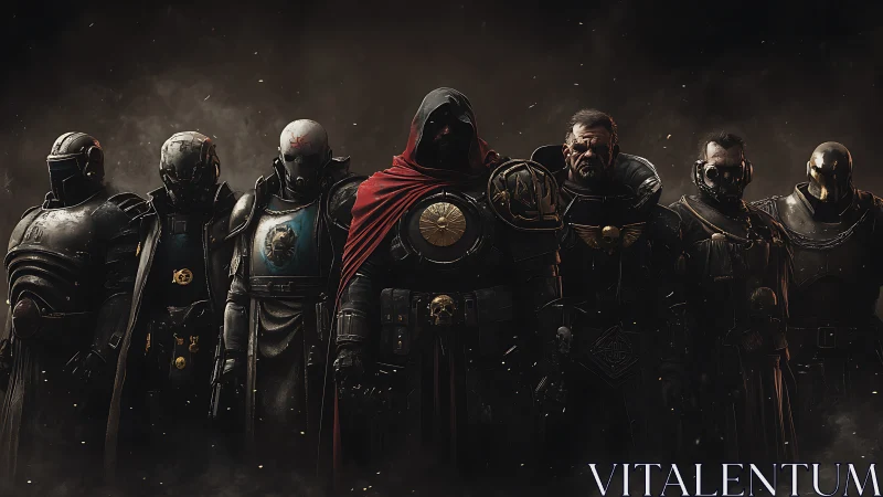 Armor-clad dystopian war council in cinematic digital painting.