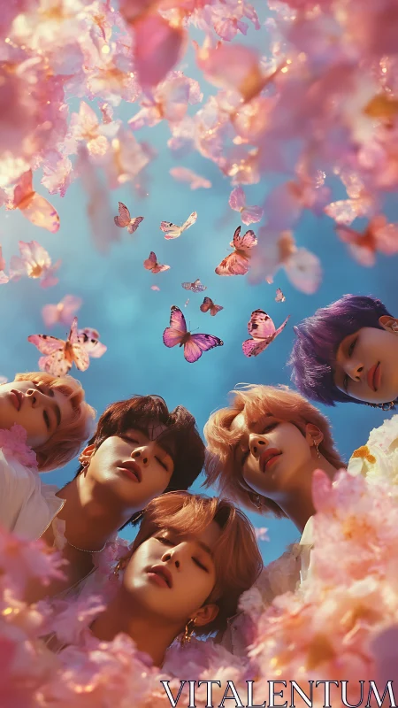 Pastel youth circle framed by blossoms and drifting butterflies.