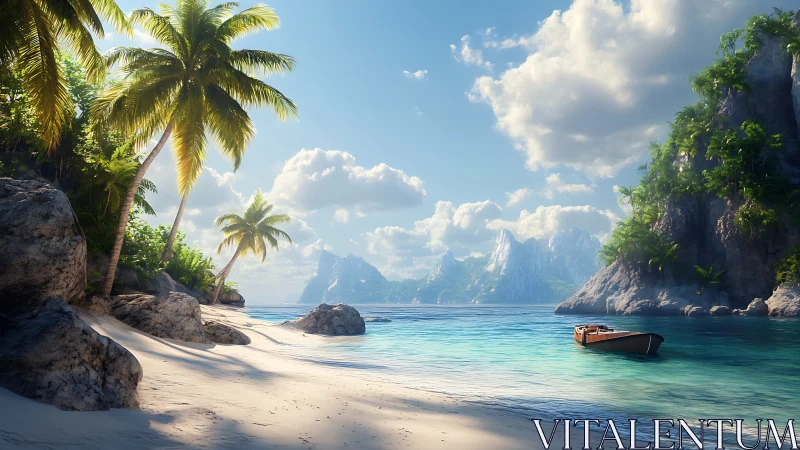 Tropical Paradise Beach with Limestone Cliffs and Wooden Boat.