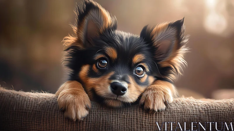 Wide eyed puppy resting paws on textured fabric edge.