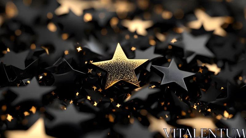 Shiny Golden Star Among Black Stars, Modern 3D Abstract Art.