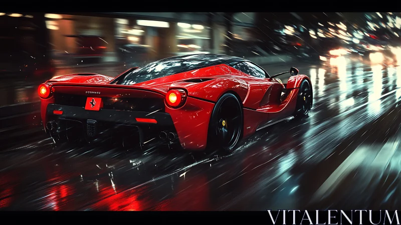Scarlet hypercar slices through neon rain and city glare.
