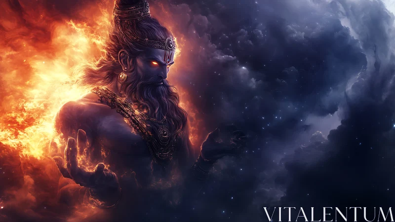 Mythic fire deity emerges from nebula of smoke and stars