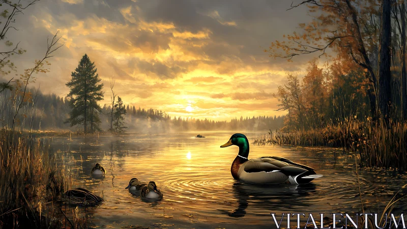 Mallard ducks occupy a reflective lake at autumn sunrise