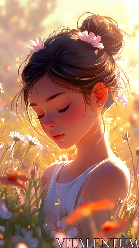 Girl rests in sunlit meadow with flowers and closed eyes