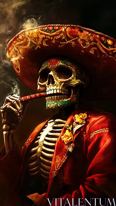 Skeleton figure in ornate sombrero smokes cigar in darkness