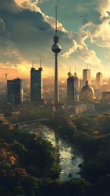 Telecommunications skyline above reflective river corridor.