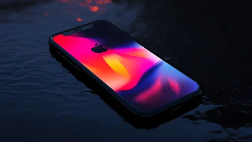 Apple smartphone with neon gradient display on dark surface.