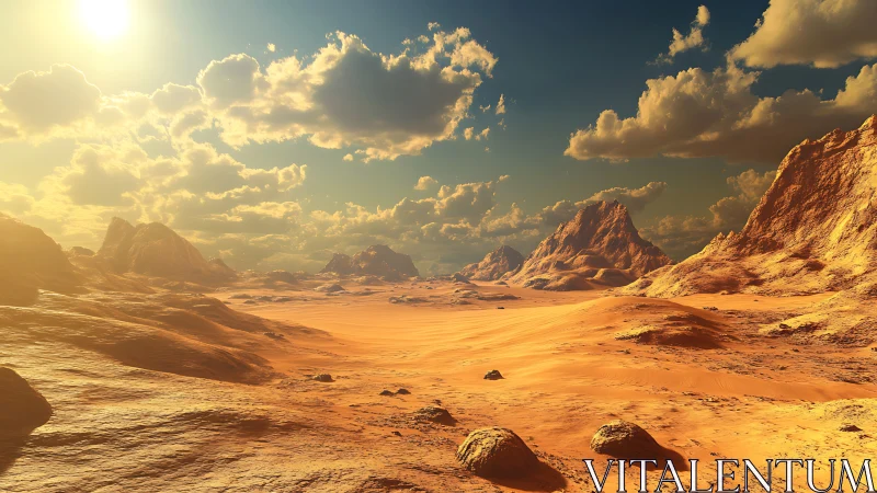 Solar-bleached desert basin under volumetric golden-hour sky