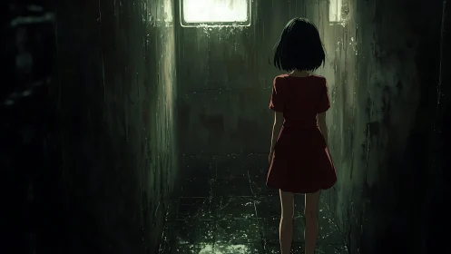 Girl in red dress stands in dark dripping corridor alone.