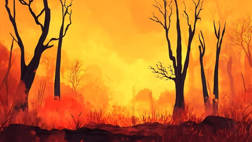 Wildfire Landscape with Silhouetted Trees at Sunset.