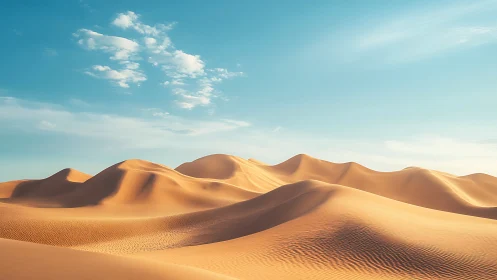Golden sand dunes roll under clear blue desert skies.