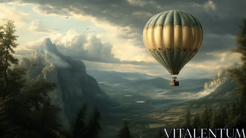 Majestic hot air balloon drifts across misty mountain valley.