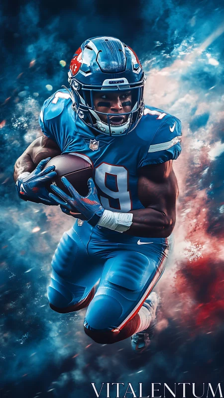 Football player running with ball in dynamic blue haze.