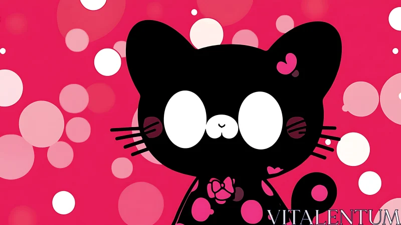 Cute black cartoon cat pops against bubbly pink backdrop.
