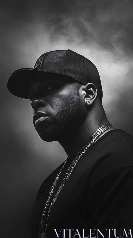 Moody black and white portrait of man in cap and chains.