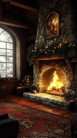 Firelit stone hearth cradling winter’s hush outside the panes.