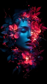 Blue female face merges with neon red floral explosion
