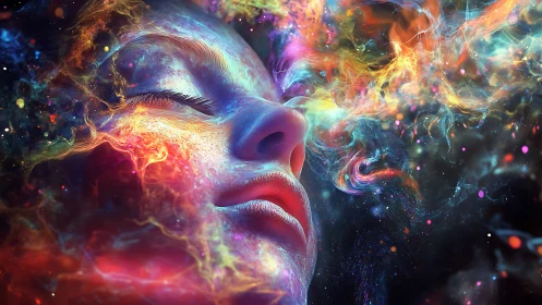 Cosmic dreamscape engulfs serene face in radiant nebulae.