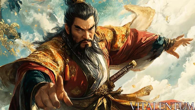 Imperial warlord commands storm, golden brocade swirling