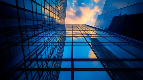 Glass skyscraper mirrors a glowing sunset sky in bold symmetry