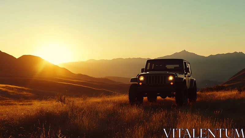Off-road SUV silhouette against low-angle sunset over ridges