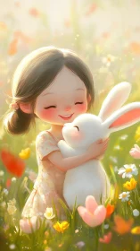 Sunlit girl embracing fluffy white rabbit in flower meadow.
