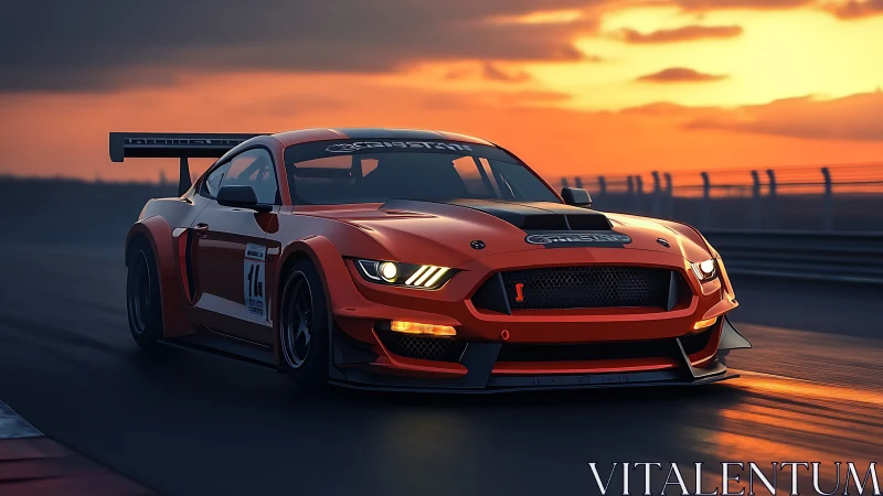 Orange GT race car on circuit track at sunset with spoiler.