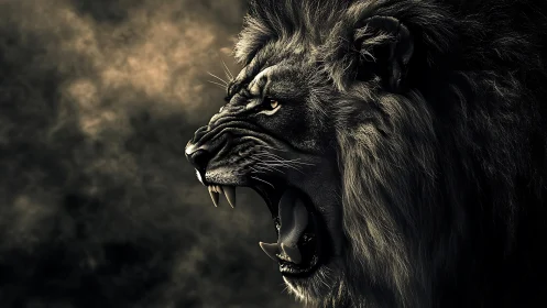 Roaring lion emerges from shadow in dramatic golden haze