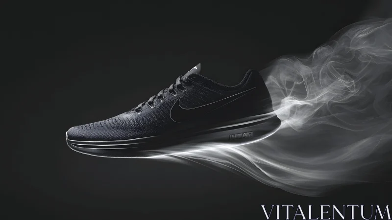 Sleek black running shoe in motion with dynamic smoke effect.