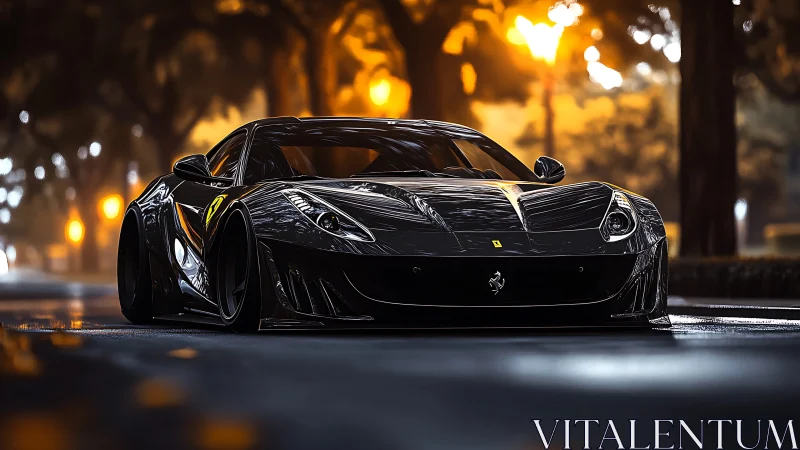 Photorealistic low-angle supercar portrait with bokeh lighting.