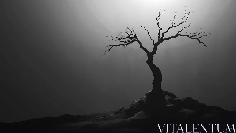 Solitary barren tree rises in stark monochrome haze