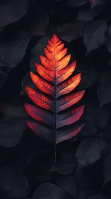 Luminous ember leaf afloat on midnight forest velvet.