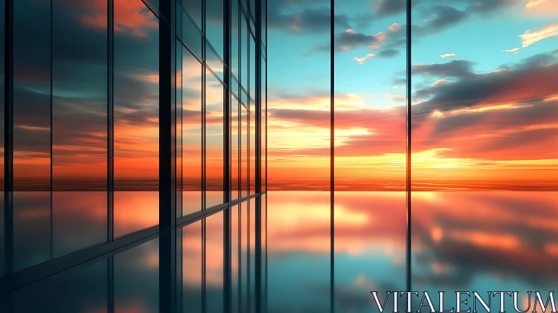 Minimalist glass facade with panoramic sunset reflections.