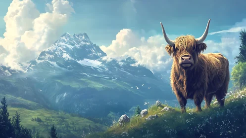 Highland cow stands beneath towering snow-capped mountains.