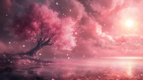 Dreamy pink blossom tree beside a tranquil pastel lake.