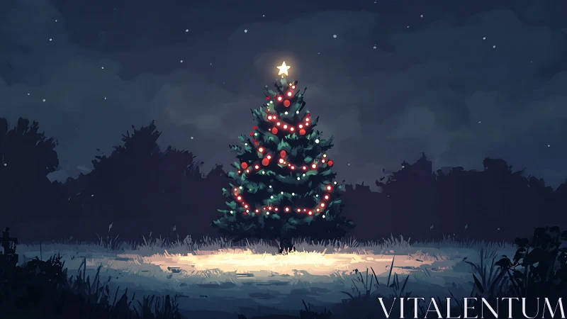 Lone midnight Christmas tree glowing over quiet winter field.