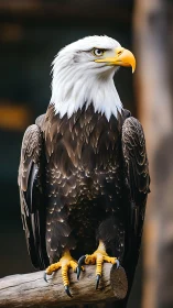 Bald eagle perches on weathered log with intense side gaze