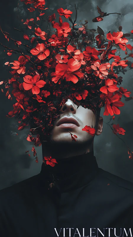 Surreal portrait with explosive crimson florals obscuring gaze.