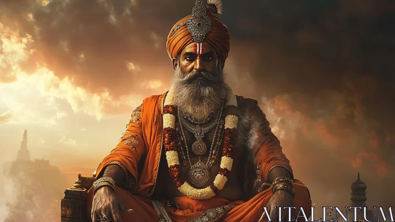 Elderly robed figure seated before storm-lit sky.