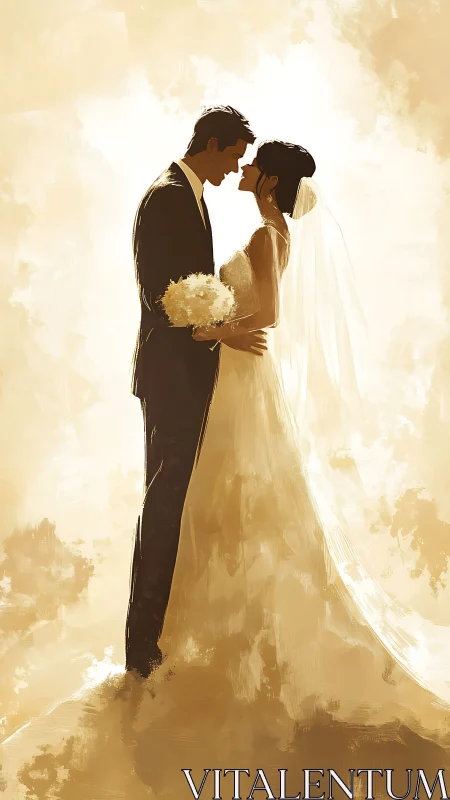 Backlit bridal couple rendered in high-contrast sepia brushwork