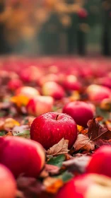 Red apple with autumn leaves on blurred orchard ground.