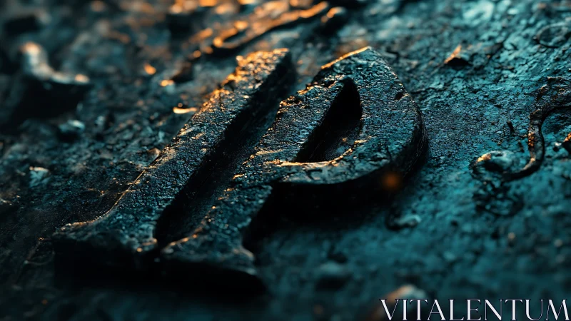 Macro close-up of weathered metallic letterform relief plate.