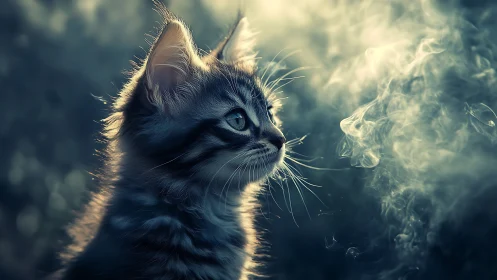 Tabby feline with luminous backlighting in atmospheric haze