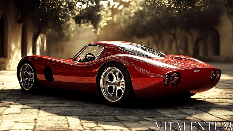 Sunlit red sports car waits quietly on a cobbled street